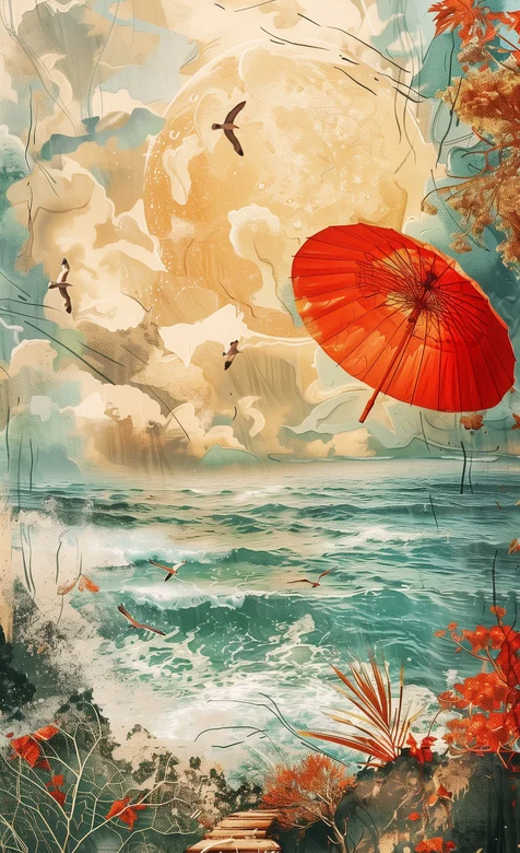 红色雨伞，大海，海浪，飞鸟，唯美创意中国风手机壁纸图片