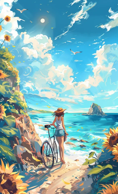 蓝天，白云，蔚蓝大海，飞鸟，牵着自行车行走在海边的欧美女生背影手机壁纸图片