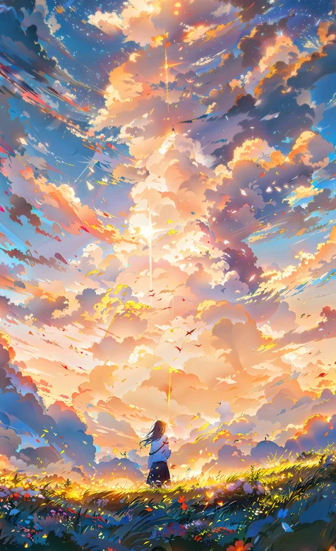 奇幻绚丽的云彩，行走在花海草原中的动漫女孩背影唯美场景手机壁纸图片