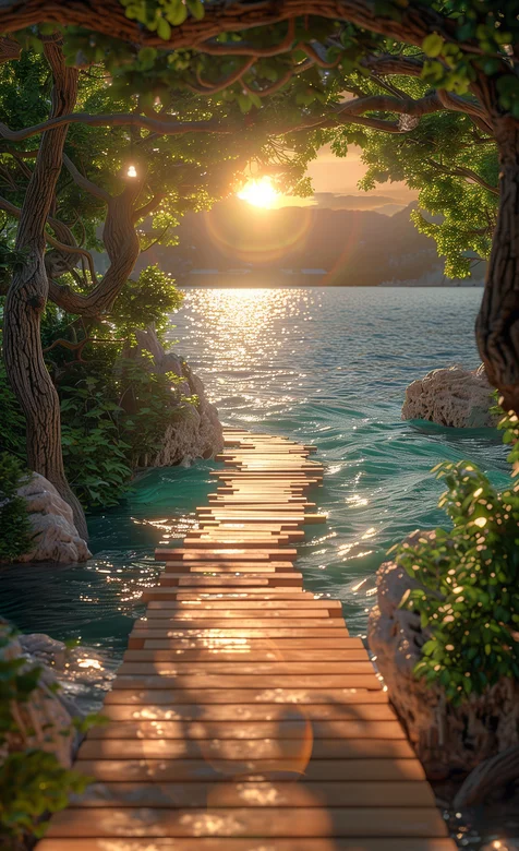 通往海上的木头走道，以及藤蔓长廊唯美意境景色手机壁纸图片