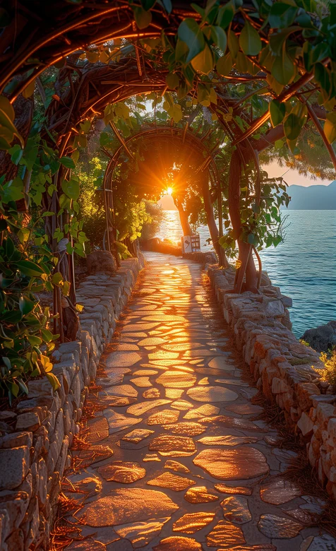 海边的浪漫藤蔓石头长廊，走道唯美图片