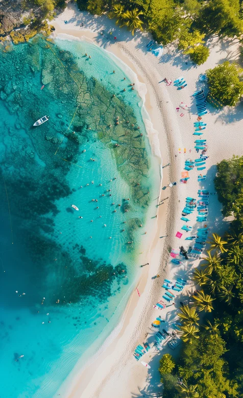 蓝色清澈的海水，以及在沙滩上游玩的人群唯美俯瞰视觉手机壁纸图片