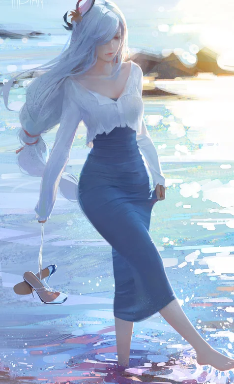 手提着鞋，在海边踏浪的紧身裙长发美女手绘插画手机壁纸