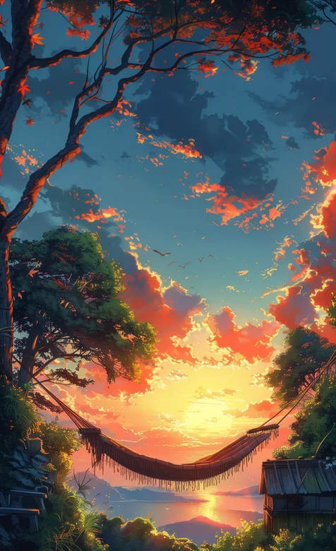 夕阳，大树，吊床，户外风景唯美手机壁纸图片