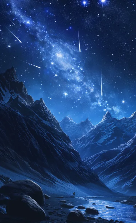 夜晚，寂静的山谷，明亮的夜空，流星，星空，唯美山谷夜色手机壁纸