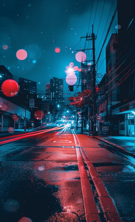 夜晚，雨后的城市街道精美手机壁纸图片