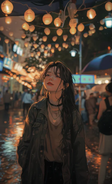 逛夜市的女孩ai图片