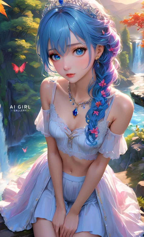 蓝精灵般精致AI长发短裙动漫女孩高清手机壁纸图片