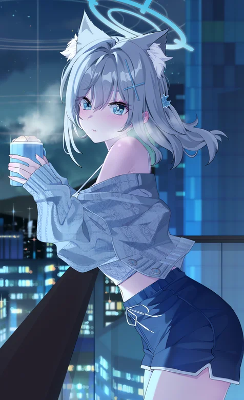 阳台喝水的动漫短裤翘臀美少女高清手机壁纸图片