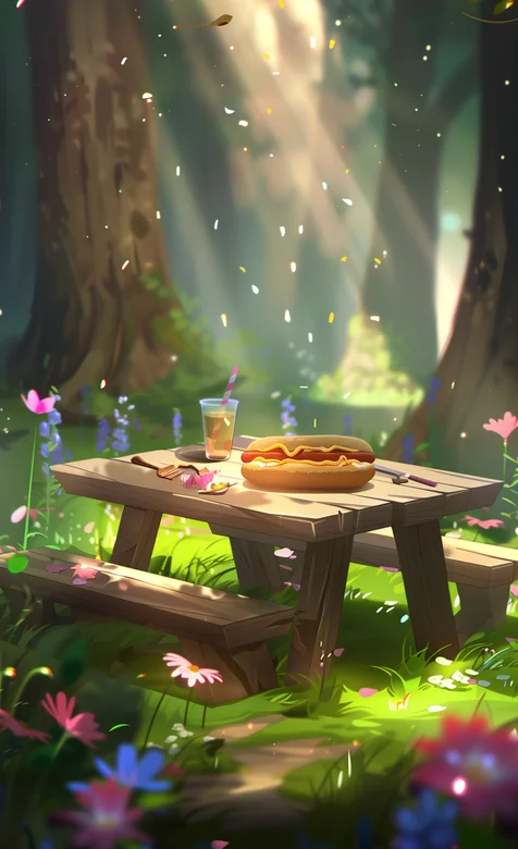 森林，小餐桌，面包，美食，阳光户外露营动漫场景美图手机壁纸