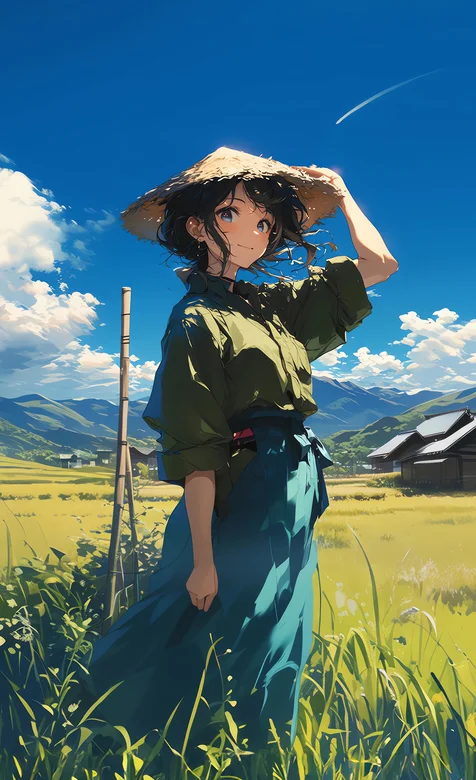 田野间忙碌的斗笠女孩唯美动漫场景人物手机壁纸图片