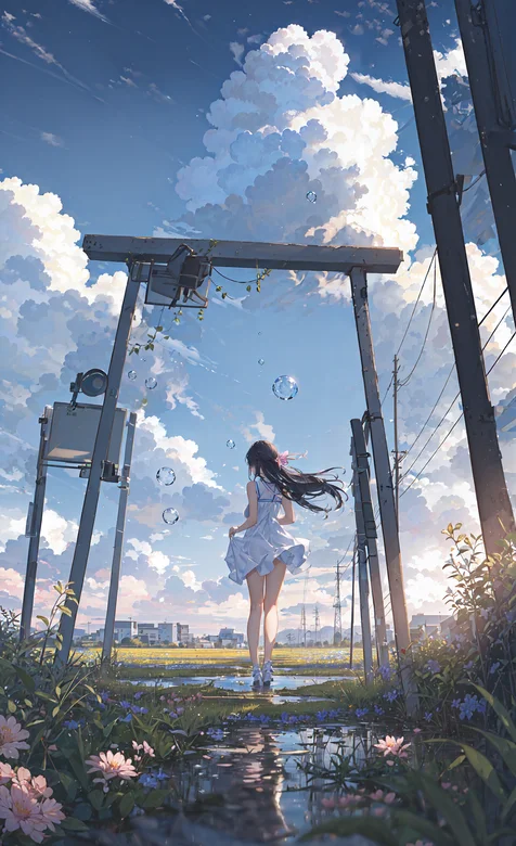 白裙少女，晴朗天空，白云，走在泥泞路上的白裙美腿动漫女孩高清手机壁纸图片