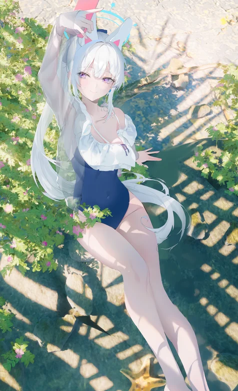 阳光，户外，坐在地上乘凉的比基尼死库水动漫少女超高清手机壁纸图片