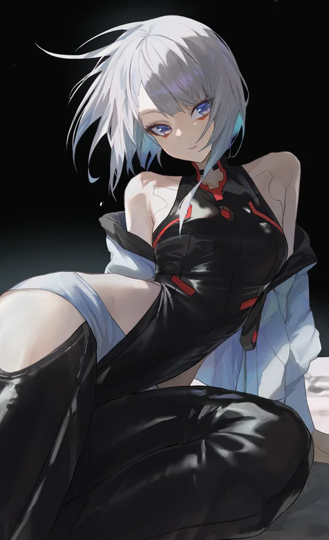 性感黑色紧身连体皮衣白色头发动漫女生手机壁纸图片