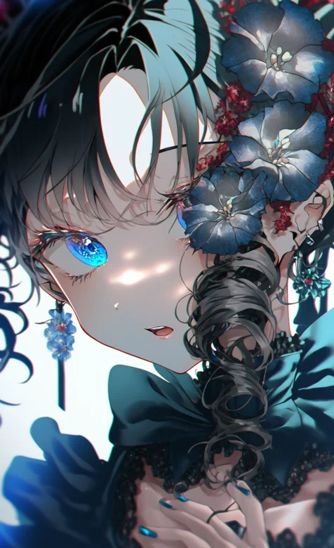 大眼睛，蓝眼睛，卷曲头发动漫AI女生精美手机壁纸图片