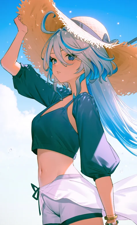 带着超大防晒斗笠的清凉穿搭牛仔裤夏日动漫少女高清手机壁纸图片