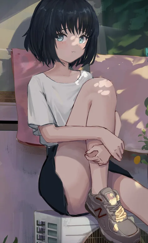 抱着膝盖，坐在空调外机上的可爱短发动漫小女生，萝莉插画手机壁纸图片