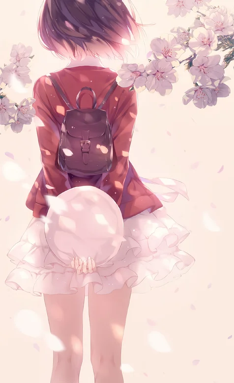 桃花，花瓣纷飞，短发女生，背影，唯美动漫女生背影手机壁纸图片