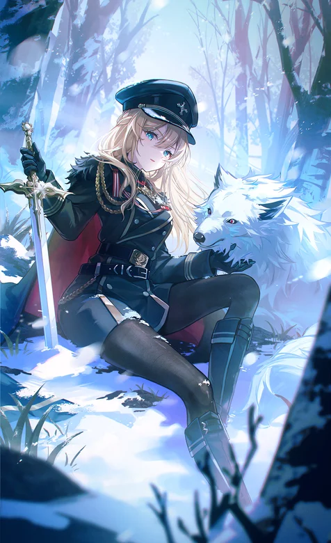 狼和少女，宝剑，雪地，坐在雪地上的动漫女生和雪狼手机壁纸壁纸插画图片