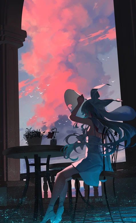 古堡，圆桌前，凳子上，戴着大圆帽的动漫美少女背影手机壁纸图片