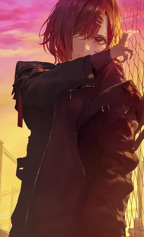 靠着铁丝网的动漫女生手机壁纸图片