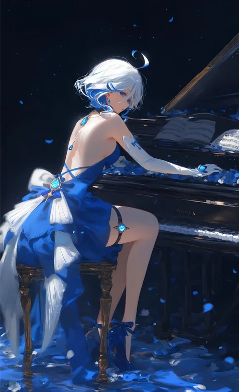 弹钢琴的少女 一袭蓝色礼服露背装动漫优雅女生手机壁纸图片