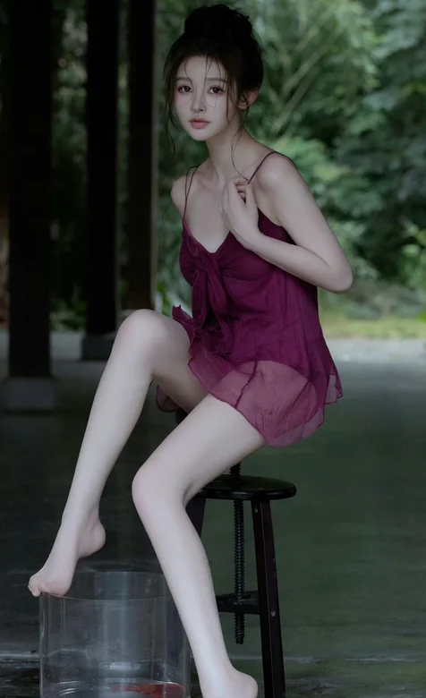 坐在凳子上的吊带睡裙，红裙美女写真手机壁纸图片