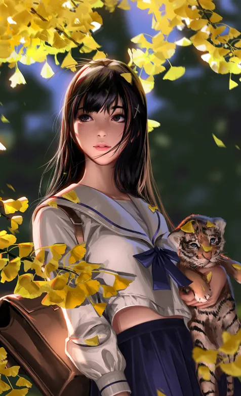 抱着一直可爱小老虎的学生装动漫少女手机壁纸图片