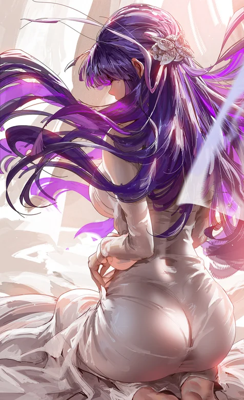 紫色头发，睡裙，翘臀，性感翘臀AI美女背影手机壁纸图片