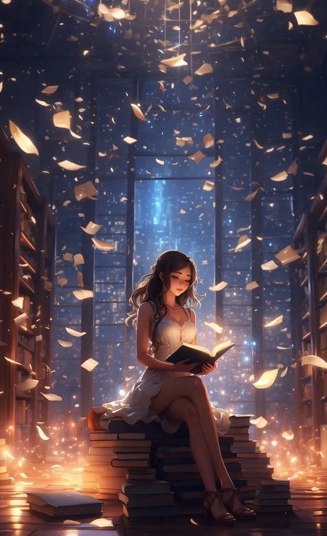 图书馆，灯光，漫天飞落的纸张，读书的裙装动漫女生手机壁纸图片