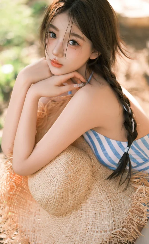 比基尼女生，抱着一顶草帽的麻花辫漂亮女生写真手机壁纸图片