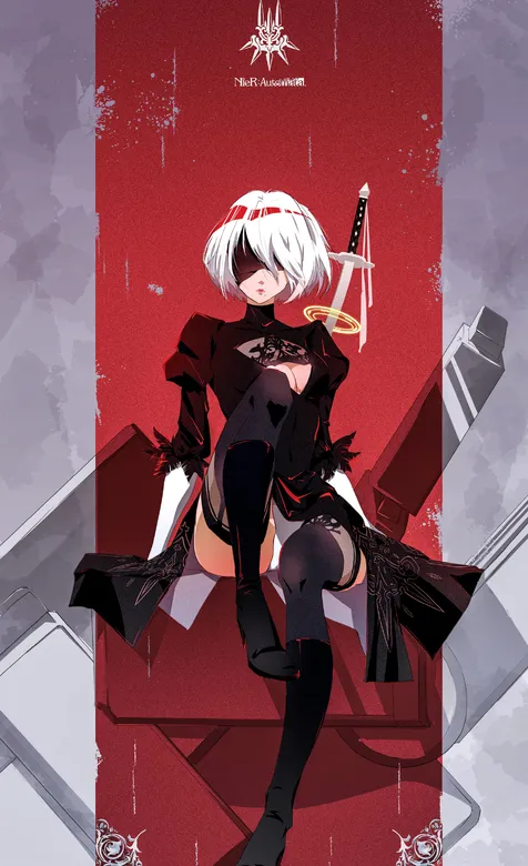 尤尔哈2B，坐在红色背景前前的尤尔哈2B手机壁纸图片