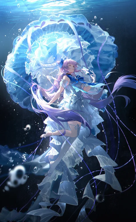 珊瑚宫心海手机壁纸，在水中，巨大的水母，珊瑚宫心海唯美在海中图片