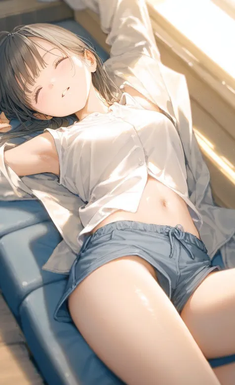 躺在沙发午睡的可爱短发短裤动漫美腿少女手机壁纸图片