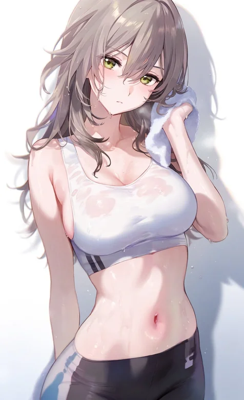 大汗淋漓，身着运动衣，紧身衣，抹胸衣的的动漫少女插画手机壁纸图片