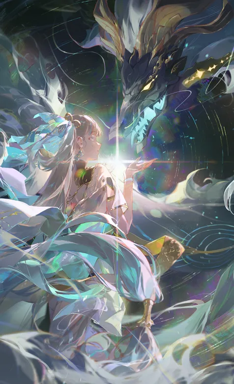 动漫少女，黑龙，仙术，玄术，手机壁纸图片