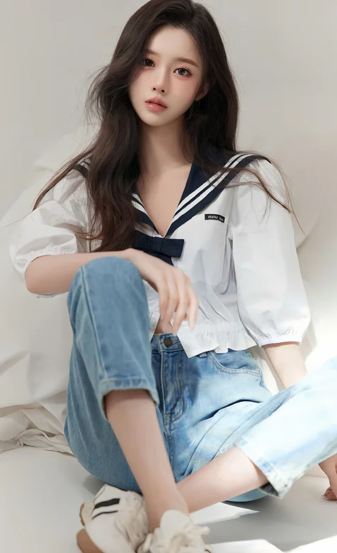 高颜值美女小姐姐，身着水手服，紧身牛仔裤的美女写真手机壁纸