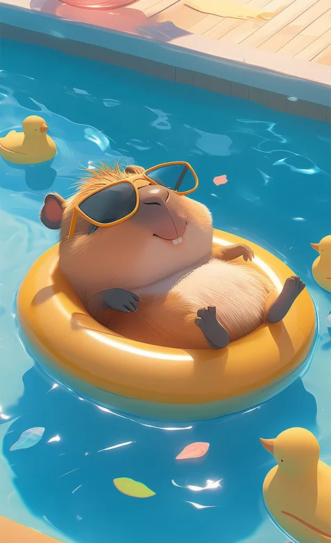 泳池中，躺在游泳圈上，胖嘟嘟，戴着眼镜，晒太阳，可爱卡通豚鼠动漫插画手机壁纸