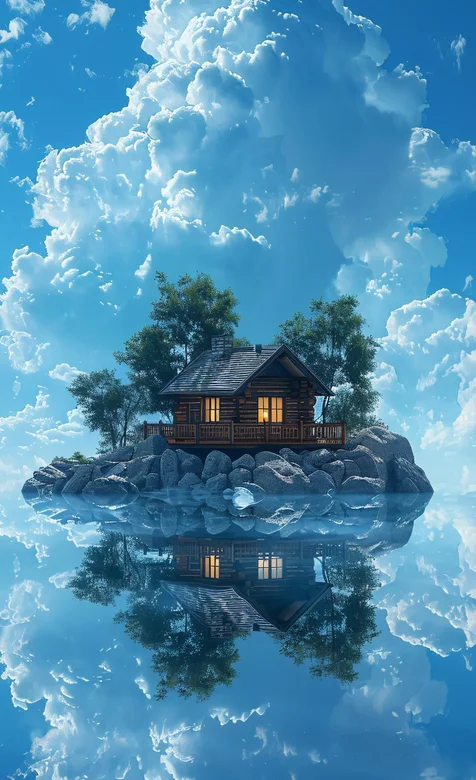 小岛，屋子，房子，天空，云朵，倒影，唯美水天一色插画手机壁纸图片