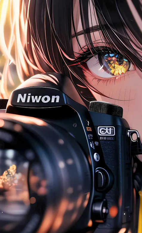 手拿相机，专注，近距离，只露半边脸蛋，眼睛的AI摄影女孩手机壁纸图片