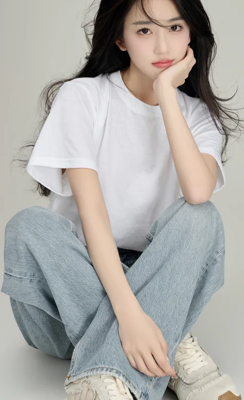 坐在地板上，单手托着下巴的白T恤加牛仔裤穿搭长发清纯好看美少女写真手机壁纸