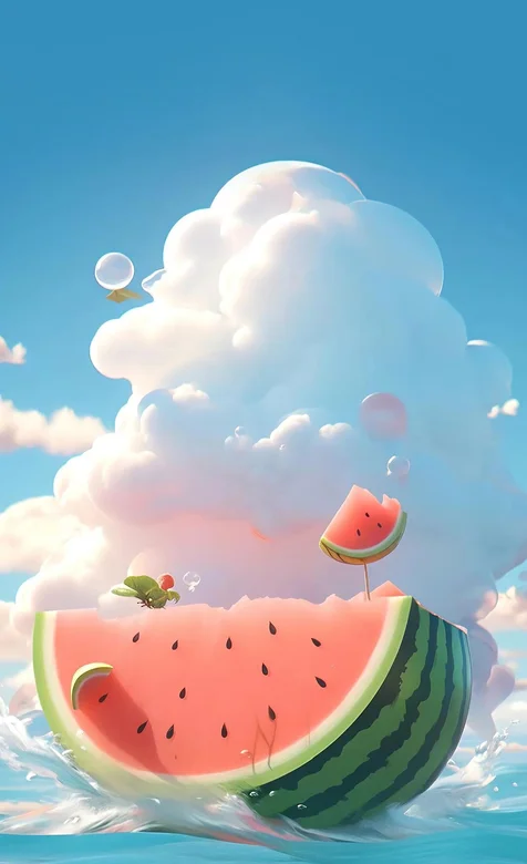 蓝天白云之下，漂浮在海上的巨大西瓜AI美图手机壁纸