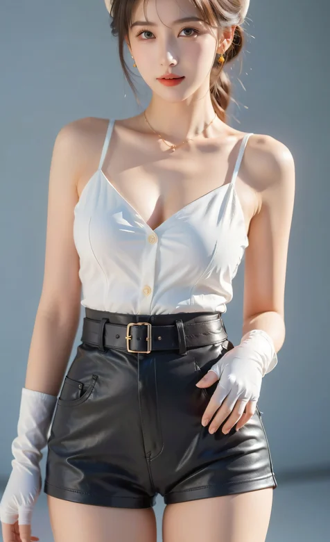 性感AI美女，穿着白色吊带衣，紧身皮裤，白丝袜的ai美女高清美图手机壁纸