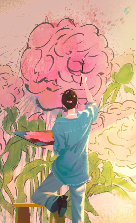 在墙壁上画玫瑰的玫瑰，玫瑰的故事插画手机壁纸图片