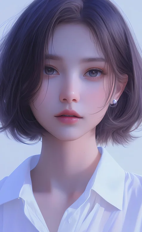 短发女孩，白衬衫，短发，五官精致的AI美女手机壁纸图片