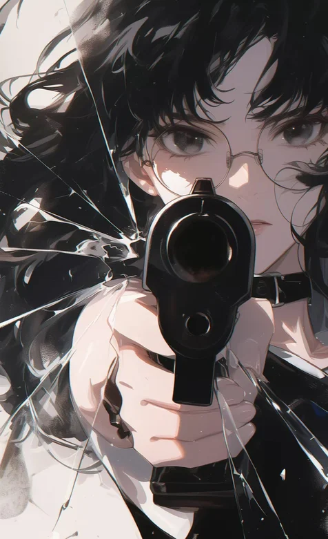 眼镜女孩，拿着手枪对着你，碎玻璃，动漫女孩手机壁纸图片