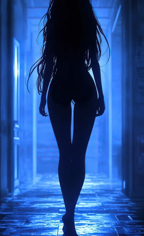 昏暗走廊上行走的完美模特身材美女背影手机壁纸图片