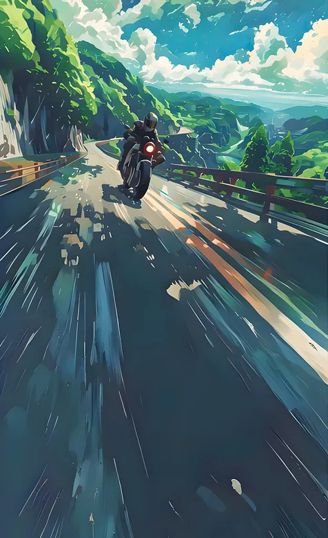 骑着摩托车行走在山岭间公路的骑行者插画动漫手机壁纸图片