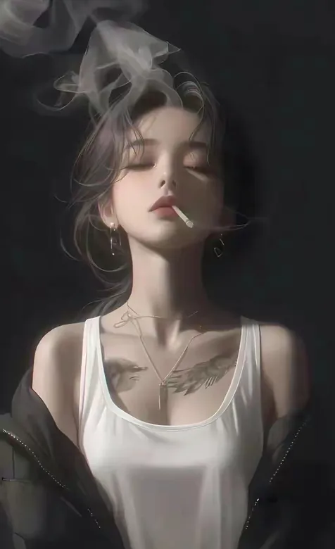 烟雾弥漫，如同一层轻盈的细纱，闭着眼睛，叼着烟，穿着背心的性感纹身AI美女手机壁纸图片