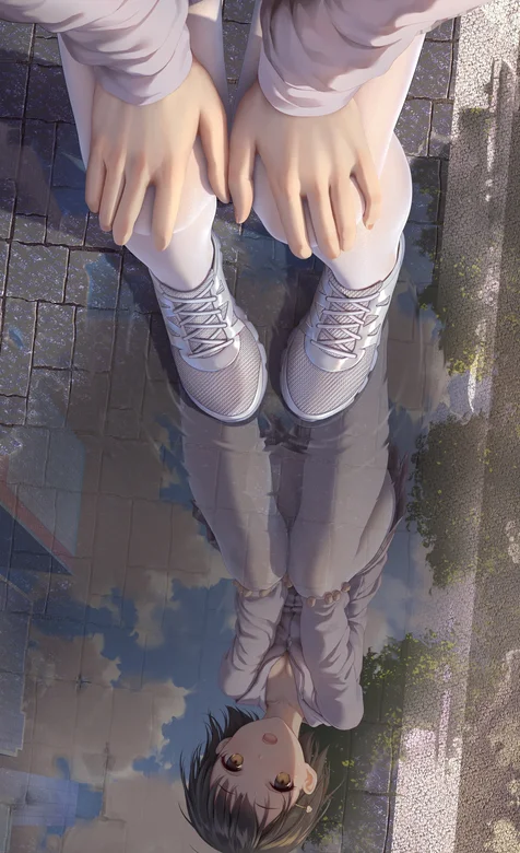 阳光下，水面上，倒影着可爱迷人的光芒，看着路上水坑自己倒影的可爱动漫少女手机壁纸